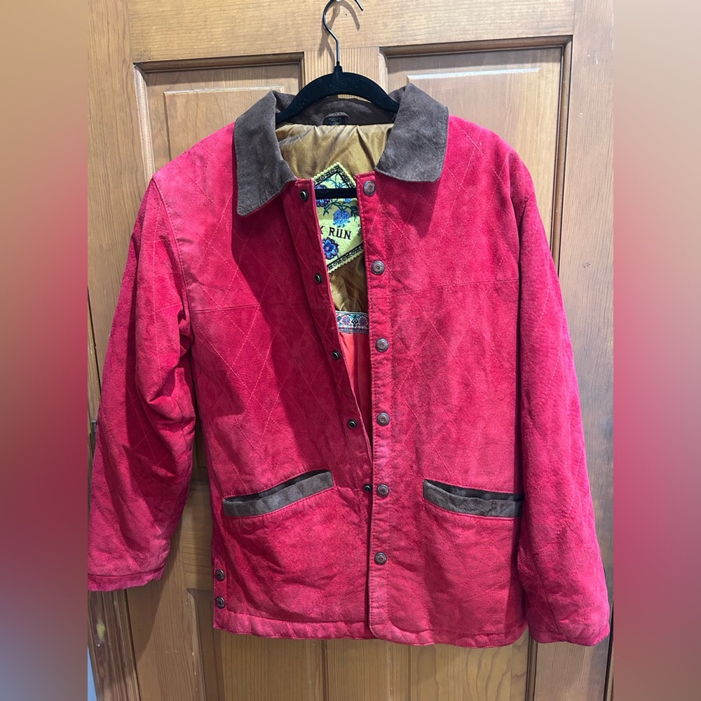 Vintage Fox Run Red suede leather Jacket brown trim preppy old money coat